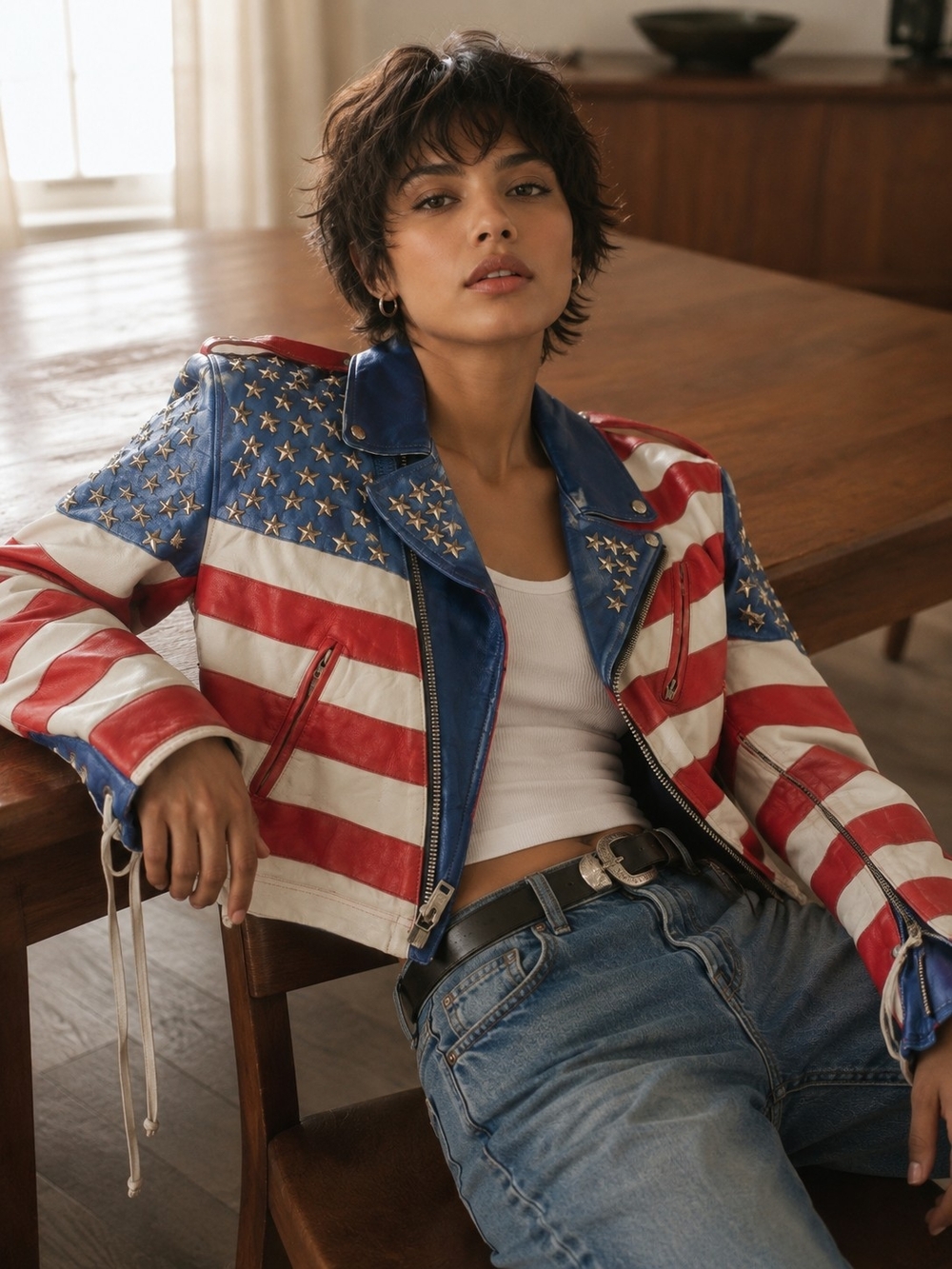 Unisex Star-Spangled Faux Leather Biker Jacket - Red/White/Blue